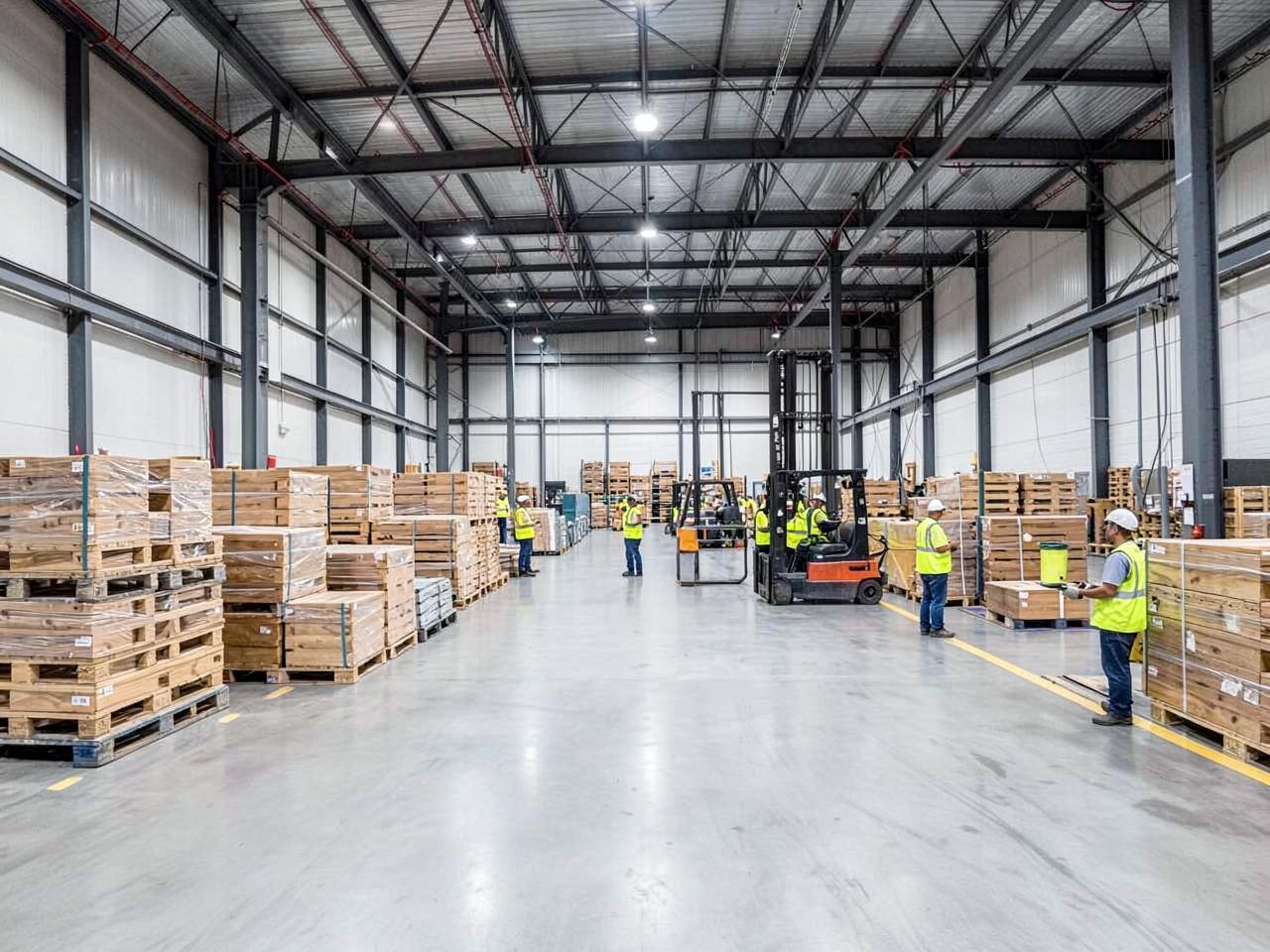 Equipe de armazém organizando paletes em centro de distribuição